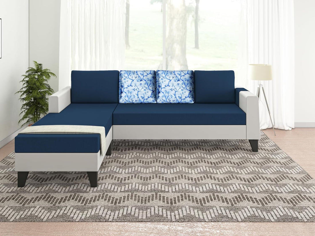 Ashley Digital Print Leatherette Fabric L Shape 5 Seater Sofa Set LHS (Blue & White)