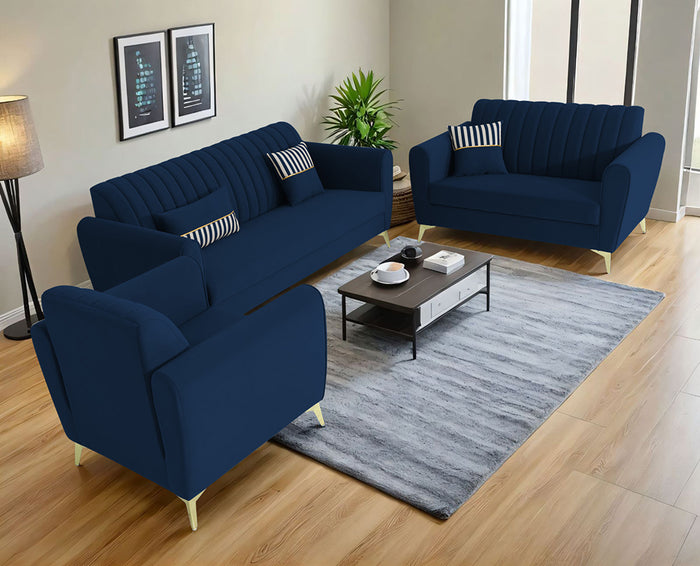 Adorn India Premium Luster 3-2-1 Sofa Set | Velvet Suede Fabric | 3-Year Warranty | Color Blue with Golden Legs & Striped Pattern Cushion