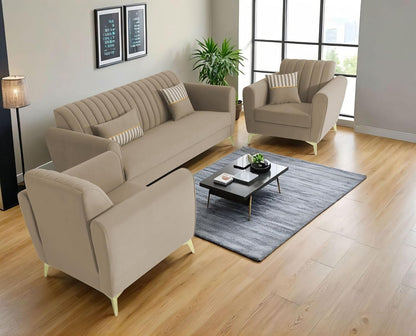Adorn India Premium Luster 3+1+1 Sofa Set | Velvet Suede Fabric | 3-Year Warranty | Color Beige with Golden Legs & Striped Pattern Cushion