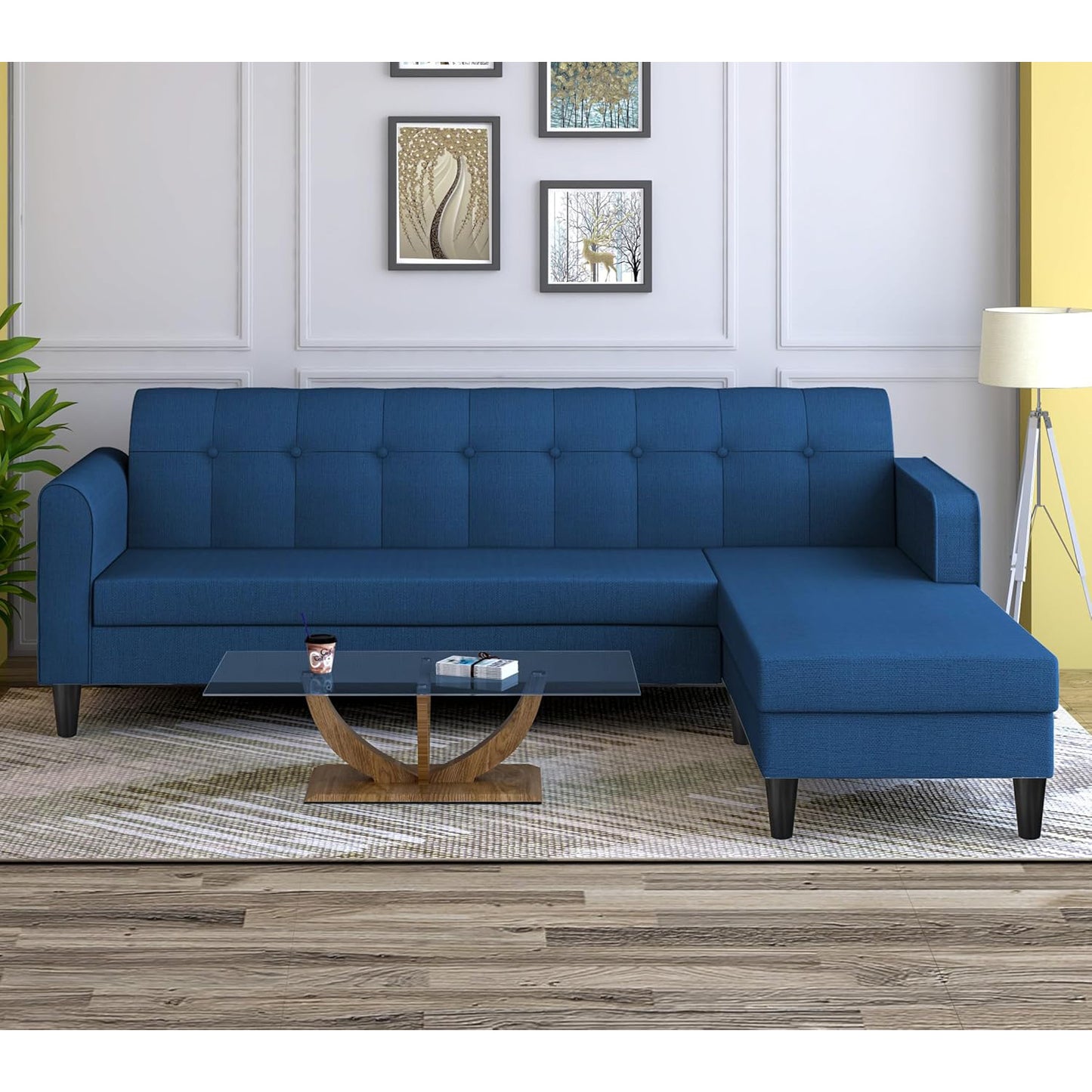 Adorn India Wood Rio Elegant L Shape 5 Seater Sofa Set (RHS) (Blue)