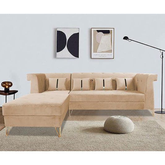 Adorn India Premium Raygan L Shape 6 Seater Sofa Set Left Side (Velvet Fabric Colour Beige)
