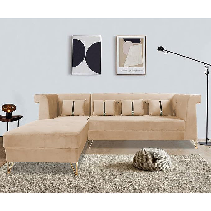 Premium Raygan L Shape 6 Seater Sofa Set Left Side (Velvet Fabric Colour Beige)