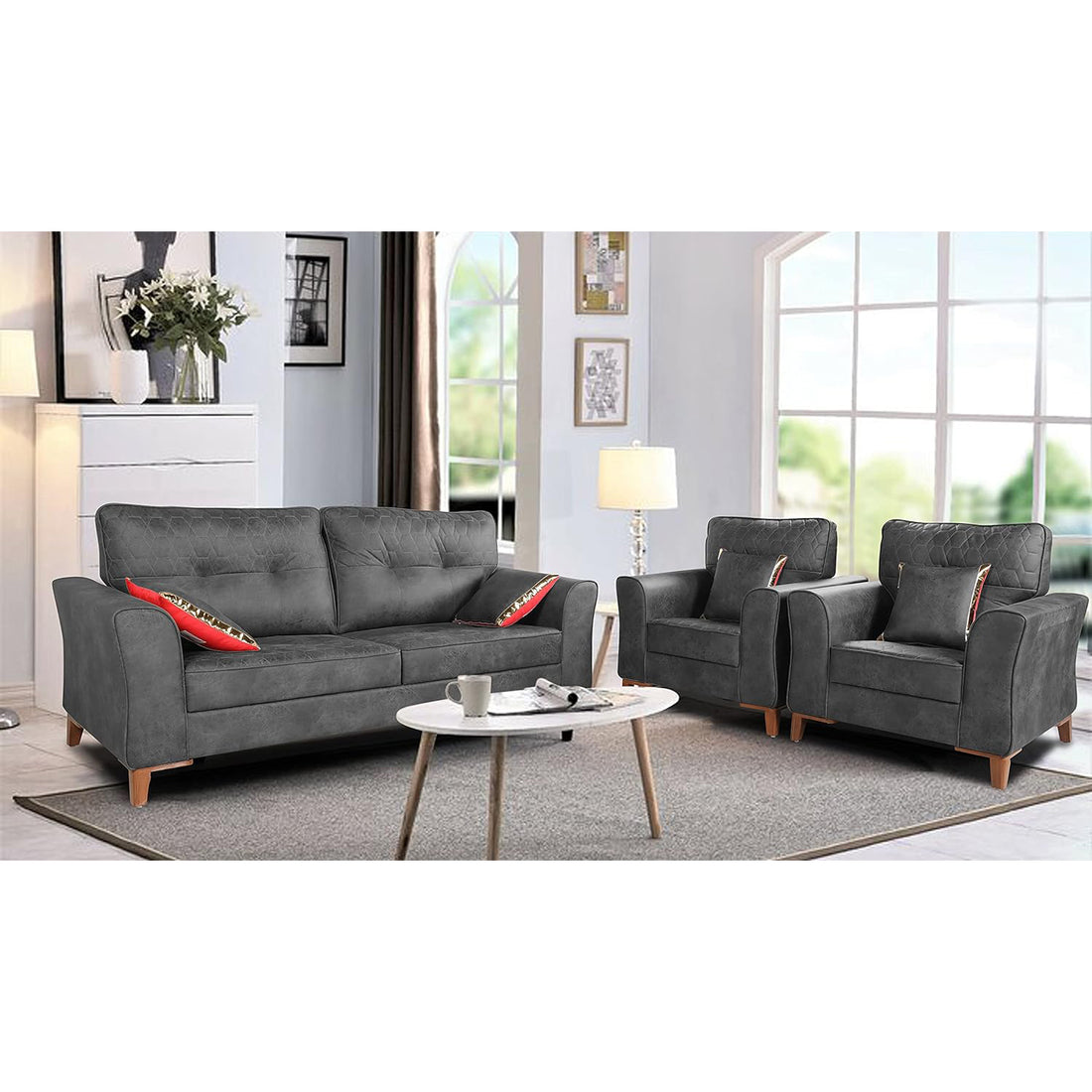 Premium Aslaug 3-1-1 Sofa Set (Leatherette Suede Fabric Colour Grey)