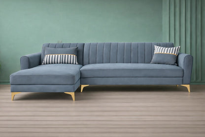 Adorn India Premium Luster 6 Seater L Shape Sofa Set | Velvet Suede Fabric | 3-Year Warranty | LHS |Color Grey with Golden Legs & Striped Pattern Cushion