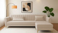 Adorn India Premium Luster 4 Seater L Shape Sofa Set | Velvet Suede Fabric | 3-Year Warranty | Color Cream with Golden Legs & Striped Pattern Cushion