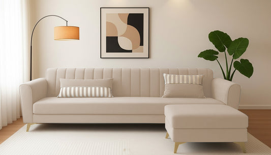 Adorn India Premium Luster 4 Seater L Shape Sofa Set | Velvet Suede Fabric | 3-Year Warranty | Color Cream with Golden Legs & Striped Pattern Cushion