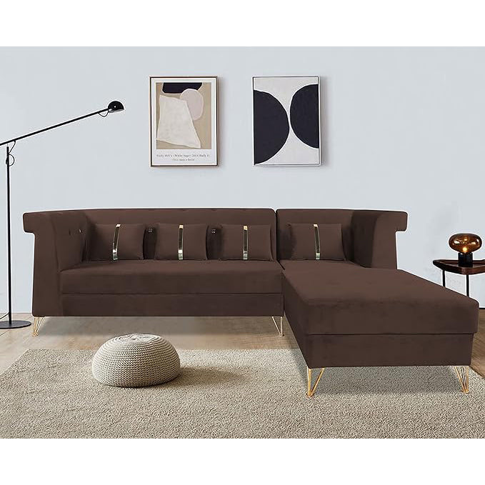 Premium Raygan L Shape 6 Seater Sofa Set Right Side (Velvet Fabric Colour Brown)