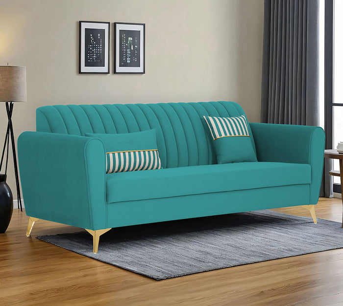 Adorn India Premium Luster 3 Seater | Velvet Suede Fabric | 3-Year Warranty | Color Aqua Blue with Golden Legs & Striped Pattern Cushion