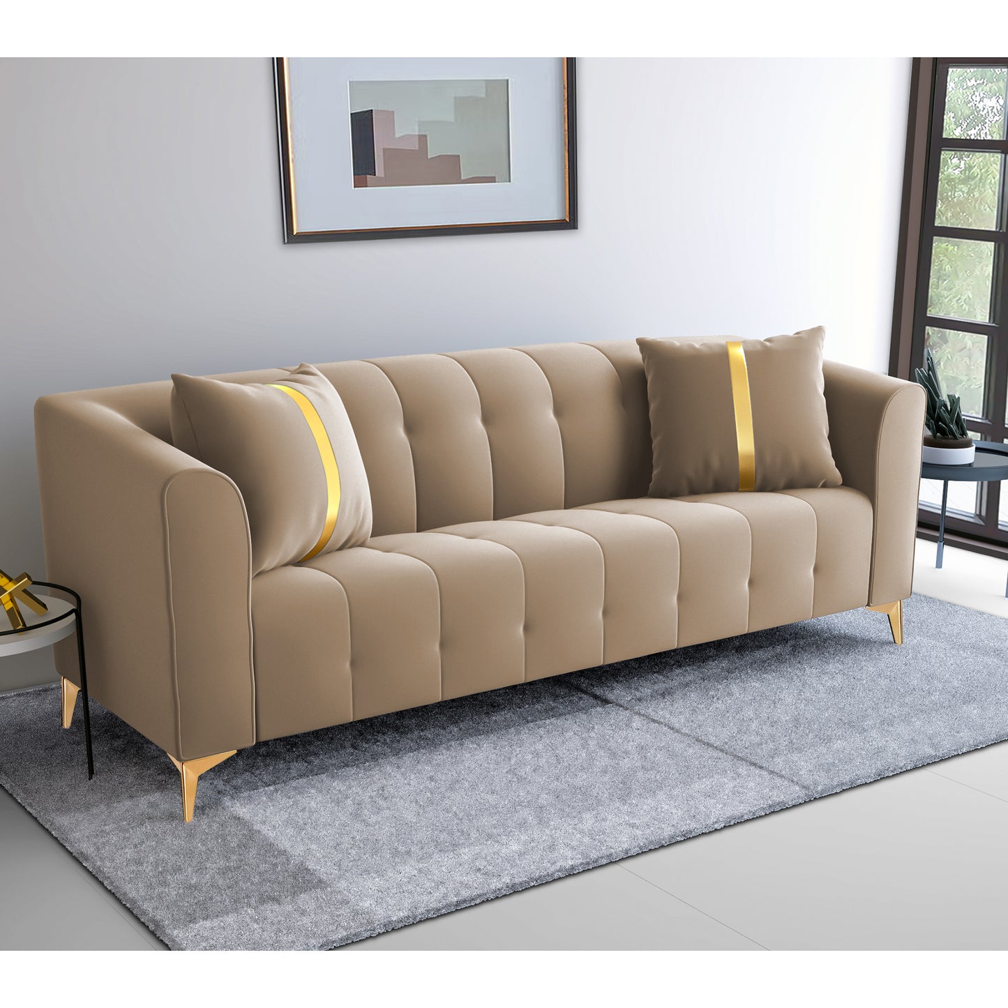 Adorn India Premium Mystic - 3 Years Warranty - 3 Seater Sofa Velvet Suede Fabric - Beige