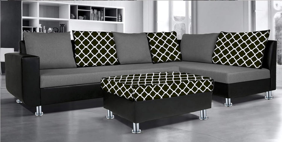 (Atlanta 6 Seater Leatherette & Fabric Corner Sofa Right Hand Side with Ottoman (Grey & Black))