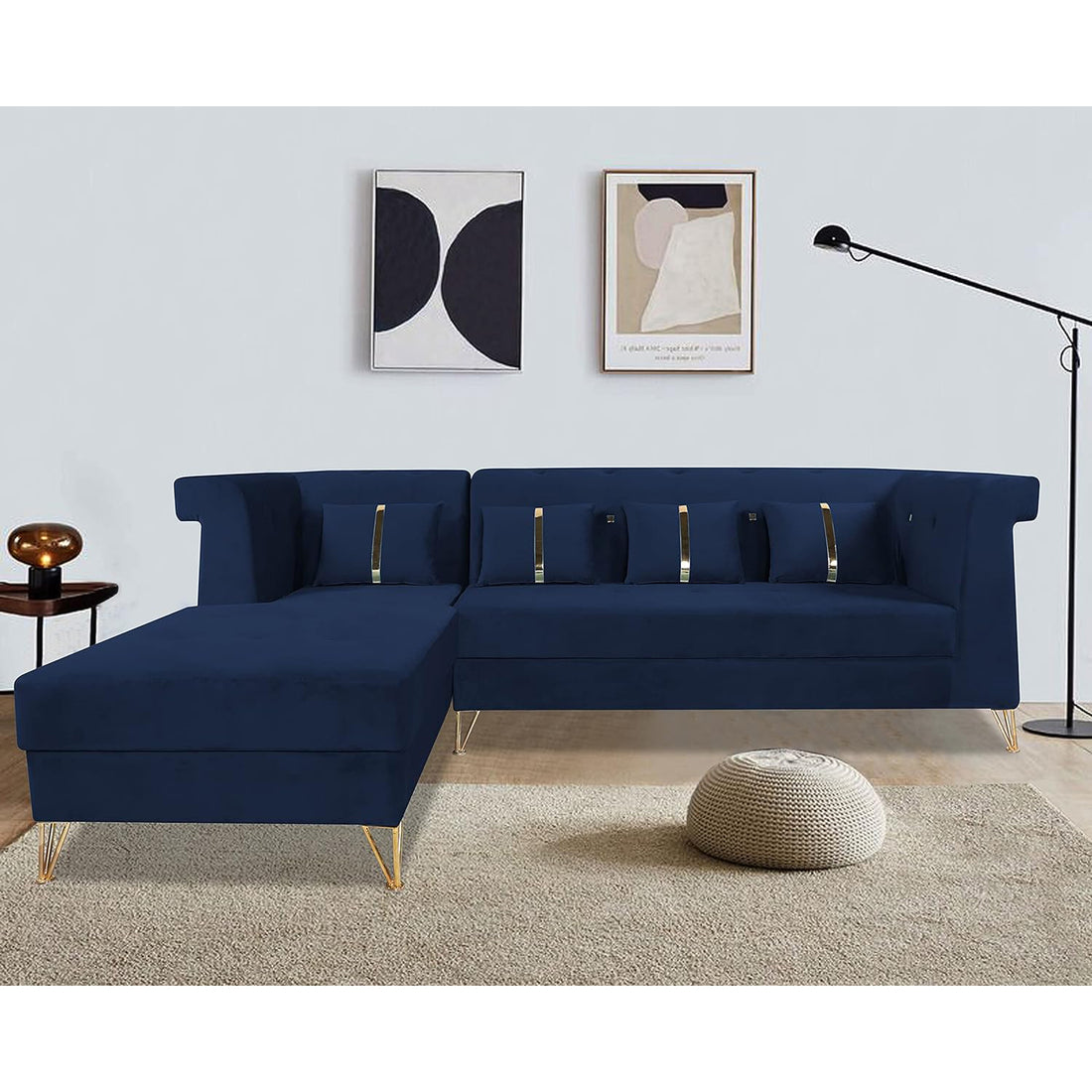 Premium Raygan L Shape 6 Seater Sofa Set Left Side (Velvet Fabric Colour Blue)