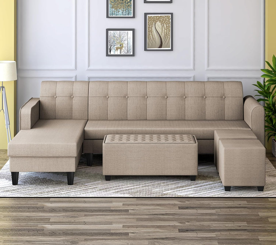 Rio Elegant L Shape 8 Seater Sofa Set with Center Table and 2 Ottoman Puffy (LHS) (Beige)