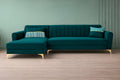 Adorn India Premium Luster 6 Seater L Shape Sofa Set | Velvet Suede Fabric | 3-Year Warranty | LHS |Color Ocean Blue with Golden Legs & Striped Pattern Cushion