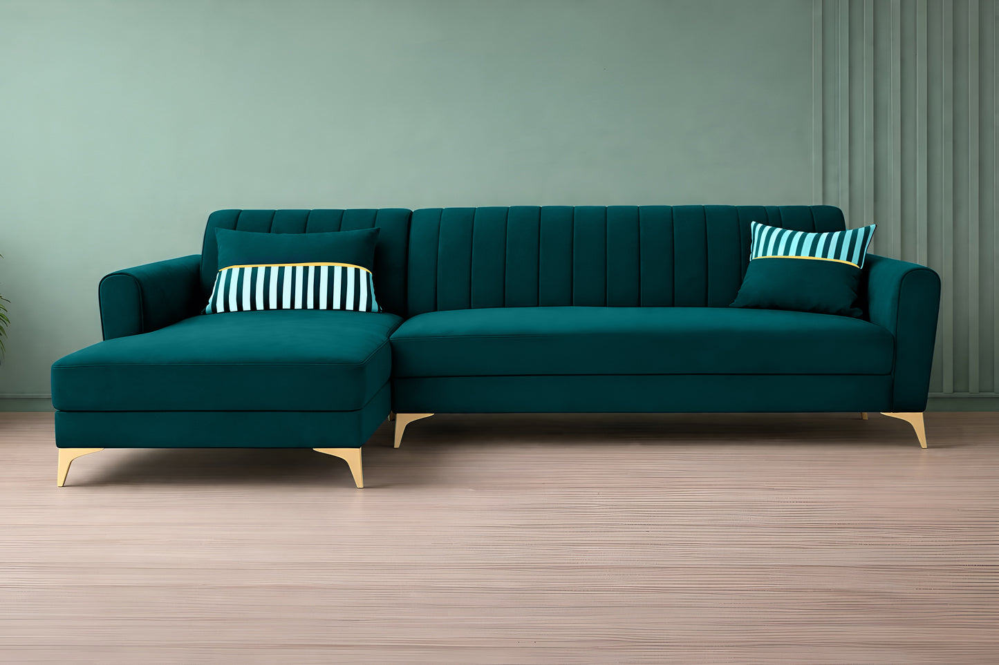 Adorn India Premium Luster 6 Seater L Shape Sofa Set | Velvet Suede Fabric | 3-Year Warranty | LHS |Color Ocean Blue with Golden Legs & Striped Pattern Cushion