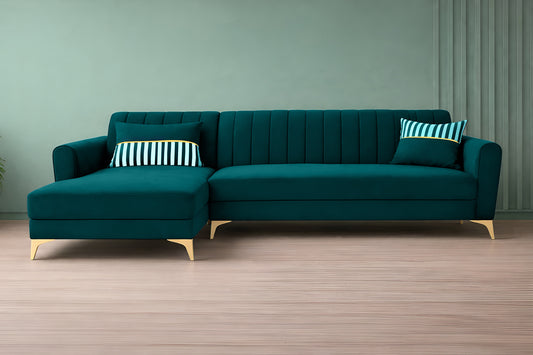 Adorn India Premium Luster 6 Seater L Shape Sofa Set | Velvet Suede Fabric | 3-Year Warranty | LHS |Color Ocean Blue with Golden Legs & Striped Pattern Cushion