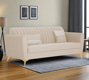 Adorn India Premium Luster 3 Seater | Velvet Suede Fabric | 3-Year Warranty | Color Cream with Golden Legs & Striped Pattern Cushion