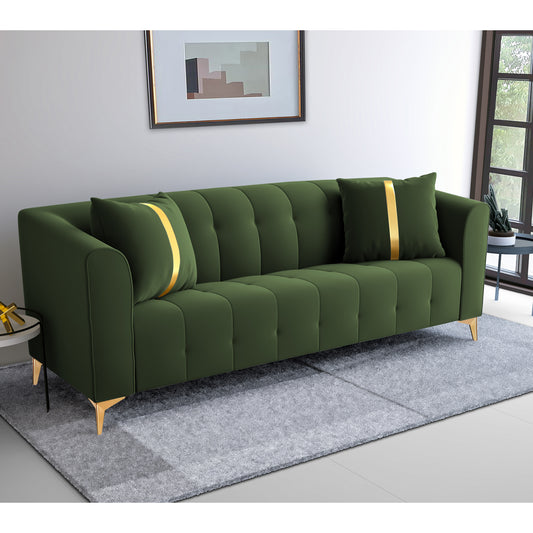 Adorn India Premium Mystic - 3 Years Warranty - 3 Seater Sofa Velvet Suede Fabric -Green