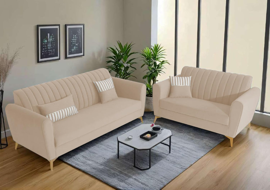 Adorn India Premium Luster 3-2 Sofa Set | Velvet Suede Fabric | 3-Year Warranty | Color Cream with Golden Legs & Striped Pattern Cushion