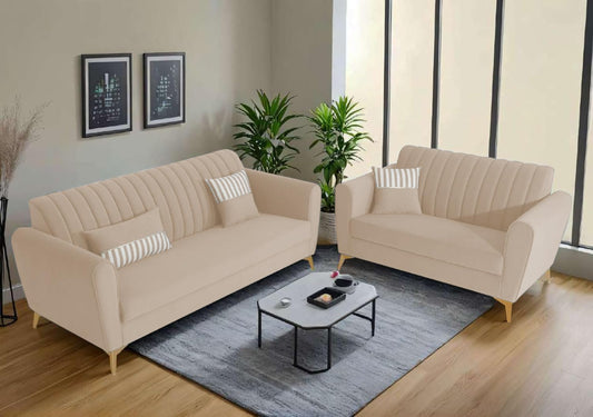 Adorn India Premium Luster 3-2 Sofa Set | Velvet Suede Fabric | 3-Year Warranty | Color Cream with Golden Legs & Striped Pattern Cushion