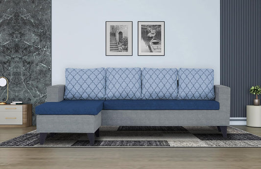 Adorn India Dorothy Blossom L Shape 5 Seater Sofa Set LHS (Blue & Grey)
