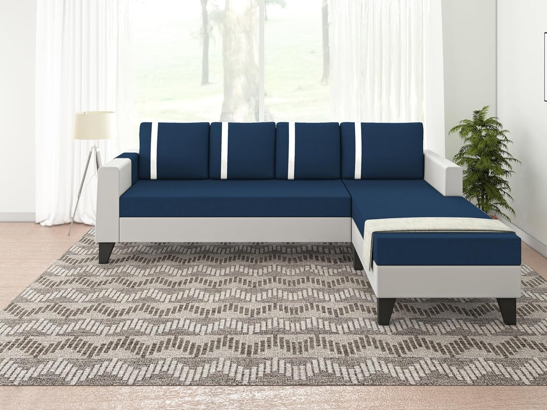 Adorn India Ashley Stripes Leatherette Fabric L Shape 5 Seater Sofa Set RHS (Blue & White) (3 Year Warranty)