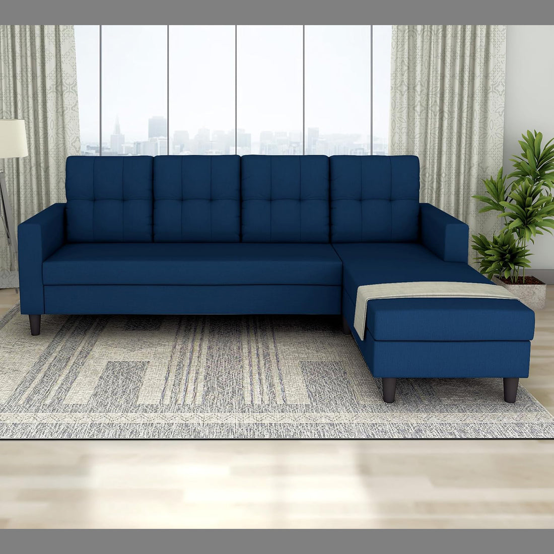 Adorn India Darcy L Shape 5 Seater Sofa Set (RHS) (Blue) (3 Year Warranty)