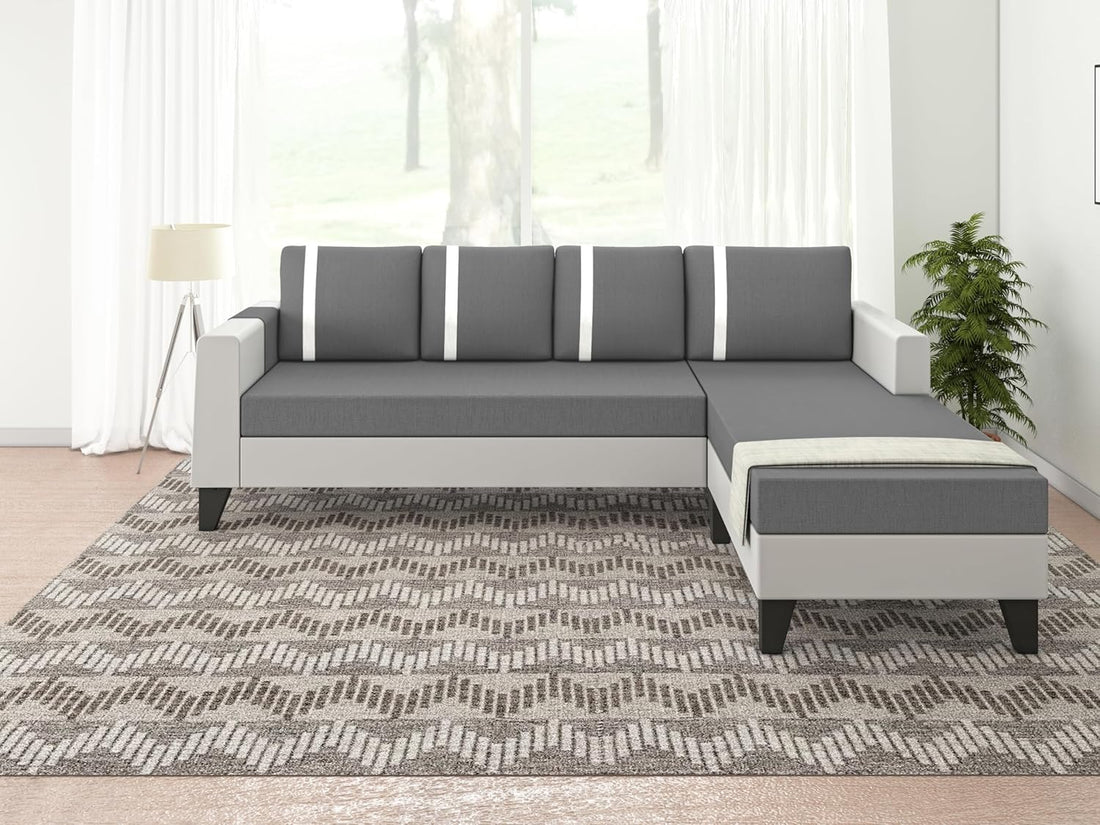 Ashley Stripes Leatherette Fabric L Shape 5 Seater Sofa Set RHS (Grey & White)