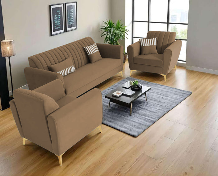 Adorn India Premium Luster 3-1-1 Sofa Set | Velvet Suede Fabric | 3-Year Warranty | Color Camel with Golden Legs & Striped Pattern Cushion