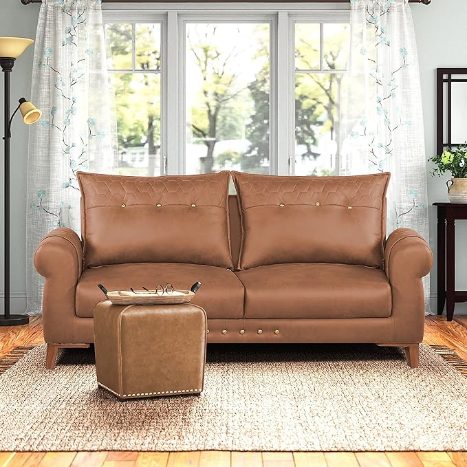 Adorn India Premium Jarvis 3 Seater Sofa (Leatherette Suede Fabric Color Tan)