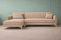 Adorn India Premium Luster 6 Seater L Shape Sofa Set | Velvet Suede Fabric | 3-Year Warranty | LHS |Color Beige with Golden Legs & Striped Pattern Cushion