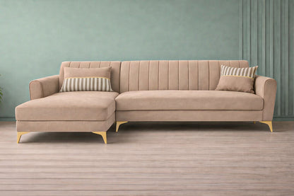 Adorn India Premium Luster 6 Seater L Shape Sofa Set | Velvet Suede Fabric | 3-Year Warranty | LHS |Color Beige with Golden Legs & Striped Pattern Cushion