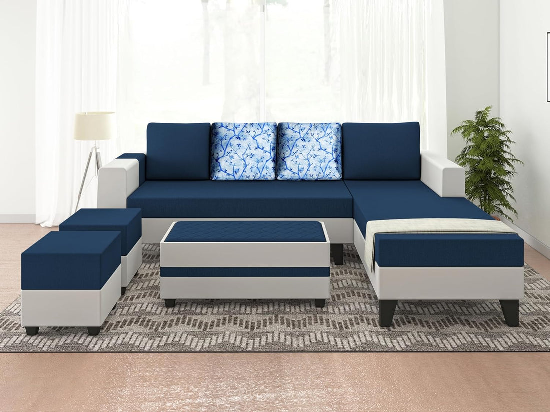Adorn India Ashley Digitel Print Leatherette Fabric L Shape 8 Seater Sofa Set with 2 Ottoman Puffy & Center Table RHS (Blue & White) (3 Year Warranty)