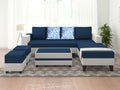 Adorn India Ashley Digitel Print Leatherette Fabric L Shape 8 Seater Sofa Set with 2 Ottoman Puffy & Center Table RHS (Blue & White) (3 Year Warranty)