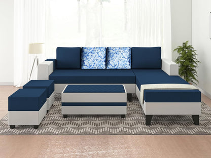 Adorn India Ashley L Shape Digitel Print Leatherette Fabric Sofa Set 8 Seater with 2 Ottoman Puffy & Center Table (Right Side) (Blue)