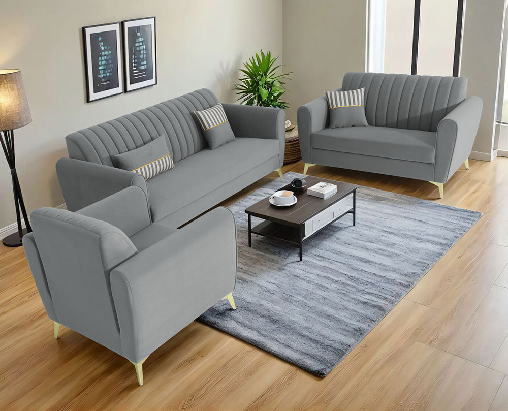 Adorn India Premium Luster 3+2+1 Sofa Set | Velvet Suede Fabric | 3-Year Warranty | Color Grey with Golden Legs & Striped Pattern Cushion
