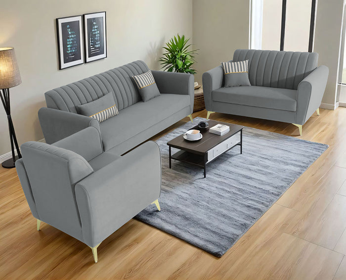 Adorn India Premium Luster 3+2+1 Sofa Set | Velvet Suede Fabric | 3-Year Warranty | Color Grey with Golden Legs & Striped Pattern Cushion