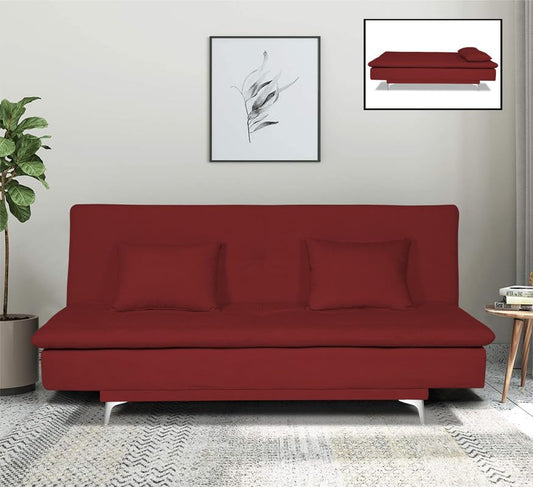 Adorn India Aspen Three Seater Sofa Cum Bed Single Tone Fabric (Maroon) (3 Year Warranty)