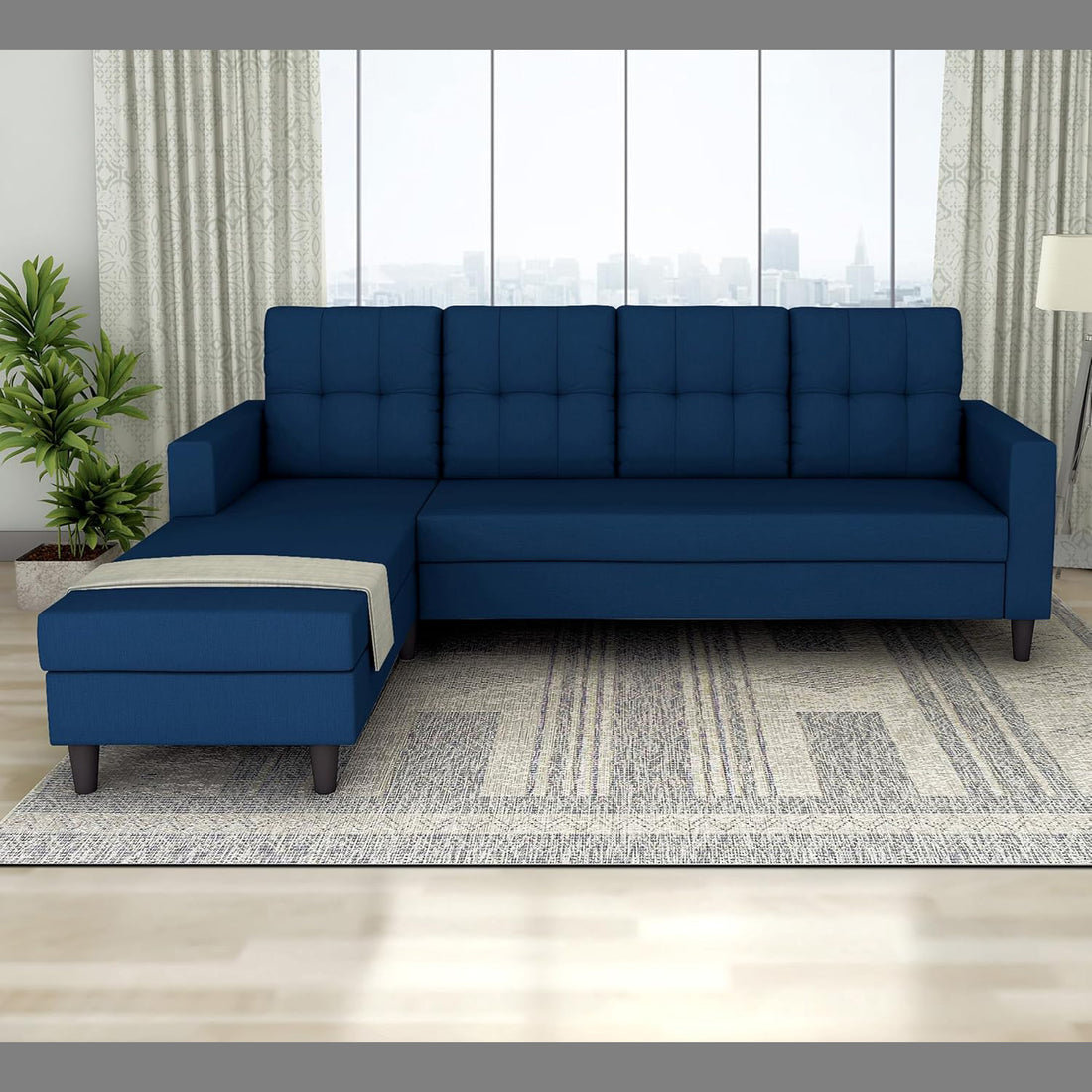 Adorn India Darcy L Shape 5 Seater Sofa Set (LHS) (Blue) (3 Year Warranty)