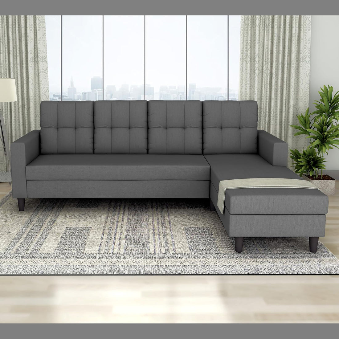 Adorn India Darcy L Shape 5 Seater Sofa Set (RHS) (Grey) (3 Year Warranty)