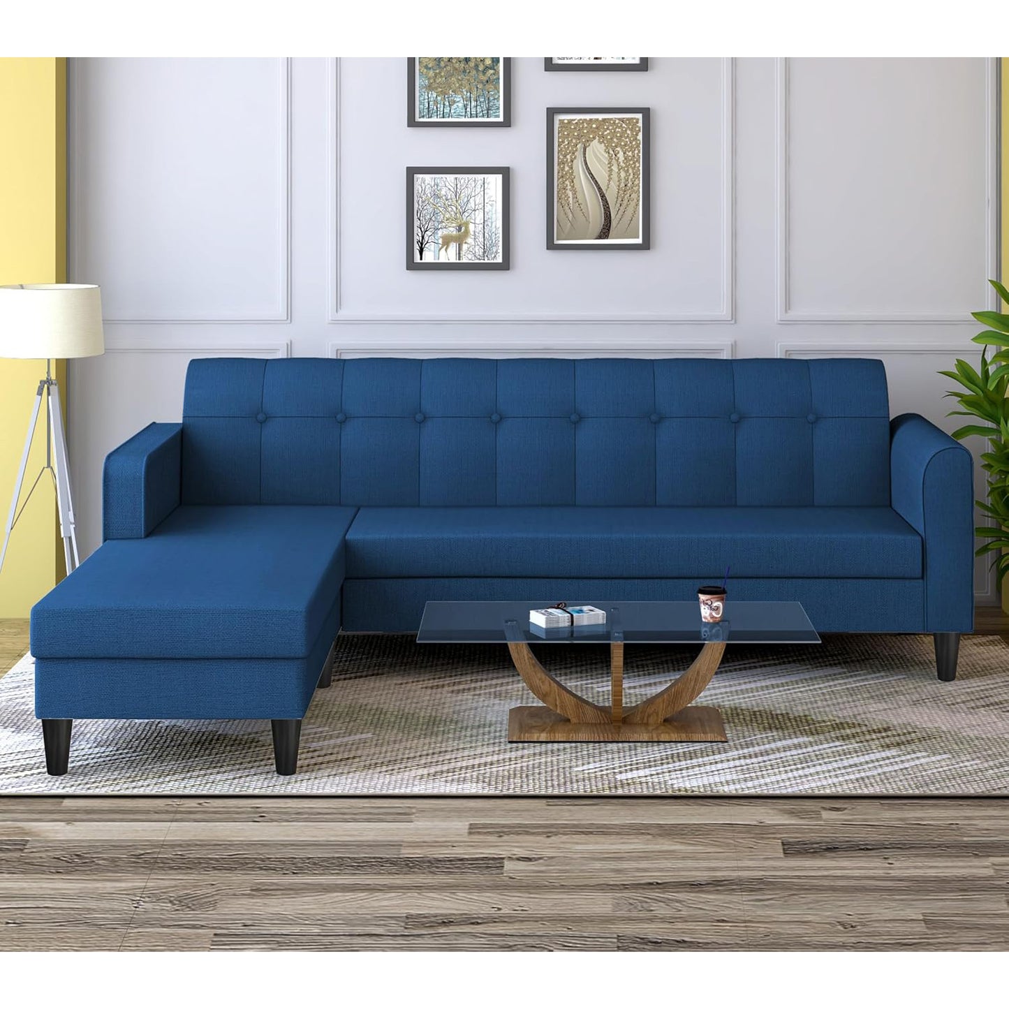 Adorn India Wood Rio Elegant L Shape 5 Seater Sofa Set (LHS) (Blue)