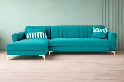 Adorn India Premium Luster 6 Seater L Shape Sofa Set | Velvet Suede Fabric | 3-Year Warranty | LHS |Color Aqua Blue with Golden Legs & Striped Pattern Cushion