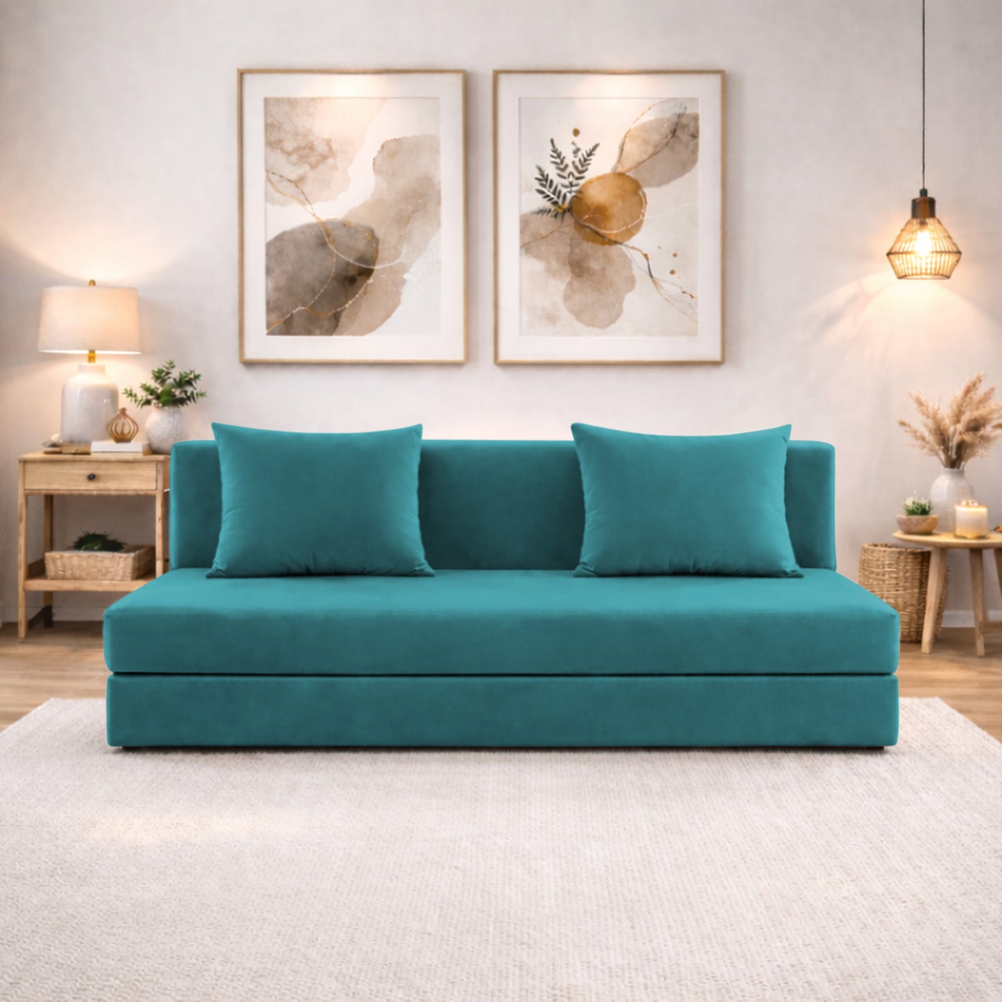 Adorn India Easy 3 Seater Sofa Cum Bed | Velvet Fabric | Aqua Blue | Plain Design | 6x5 Ft | Comfortable Seating | Washable Cover | Perfect for Home & Office