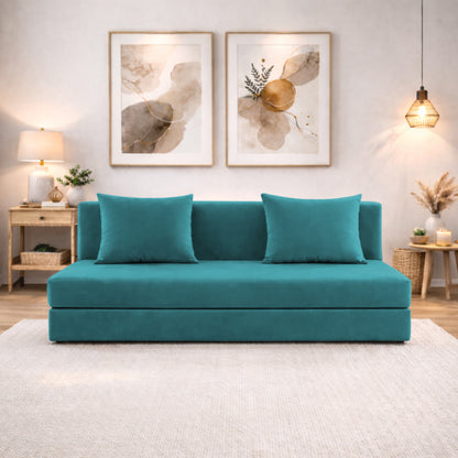 Adorn India Easy 3 Seater Sofa Cum Bed | Velvet Fabric | Aqua Blue | Plain Design | 6x5 Ft | Comfortable Seating | Washable Cover | Perfect for Home & Office