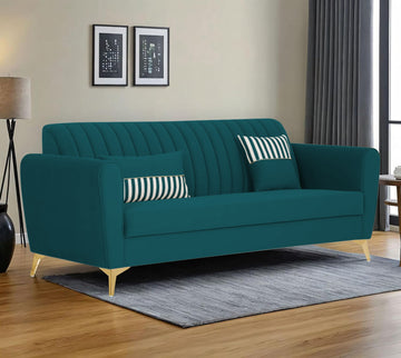 Adorn India Premium Luster 3 Seater | Velvet Suede Fabric | 3-Year Warranty | Color Ocean Blue with Golden Legs & Striped Pattern Cushion