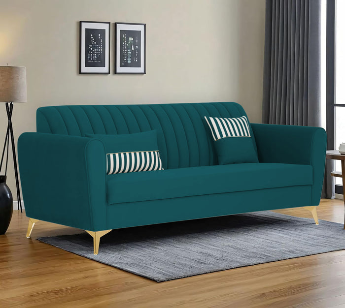 Adorn India Premium Luster 3 Seater | Velvet Suede Fabric | 3-Year Warranty | Color Ocean Blue with Golden Legs & Striped Pattern Cushion