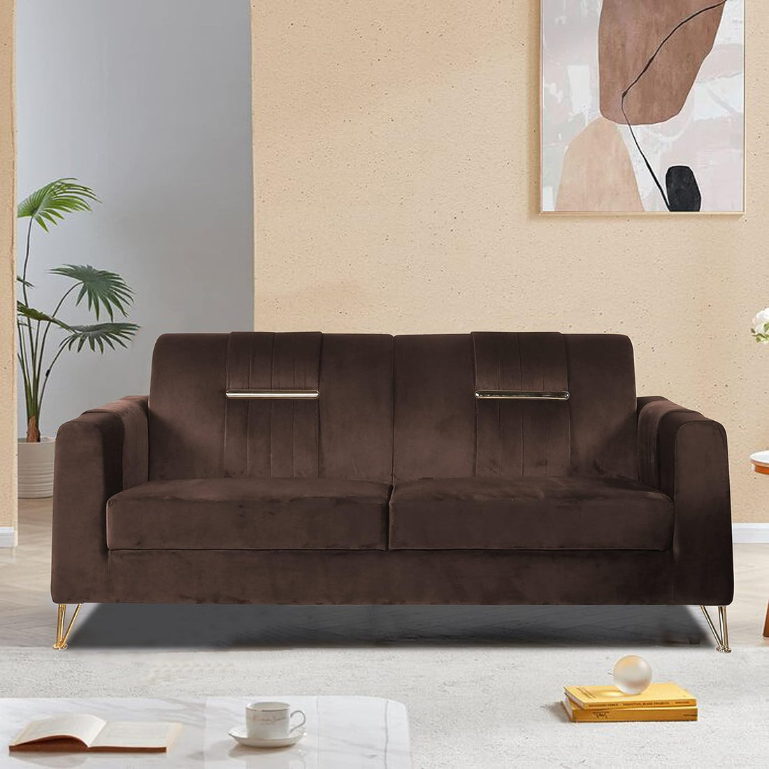 Adorn India Premium Benington 3 Seater Sofa (Velvet Fabric Colour Brown)