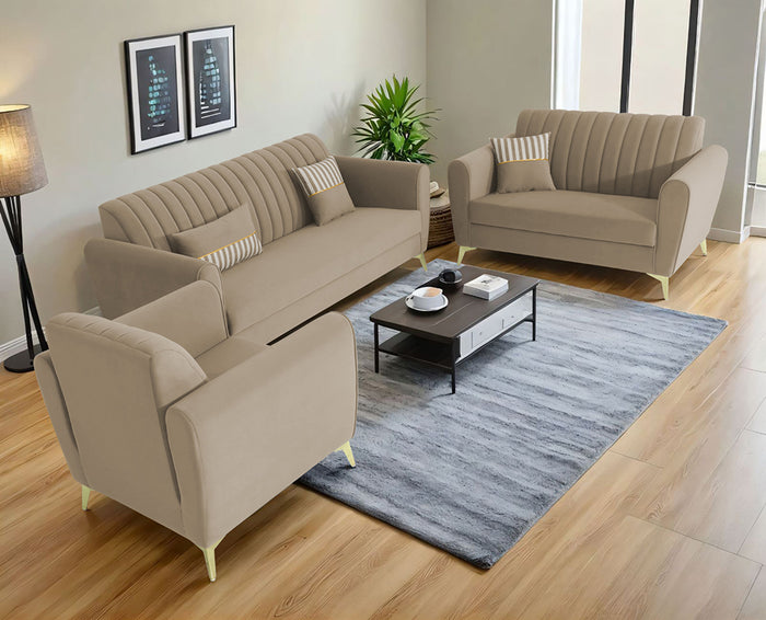 Adorn India Premium Luster 3-2-1 Sofa Set | Velvet Suede Fabric | 3-Year Warranty | Color Beige with Golden Legs & Striped Pattern Cushion