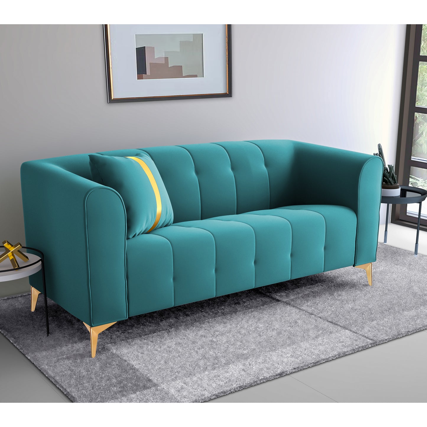 Adorn India Premium Mystic - 3 Years Warranty - 2 Seater Sofa Velvet Suede Fabric - Aqua Blue