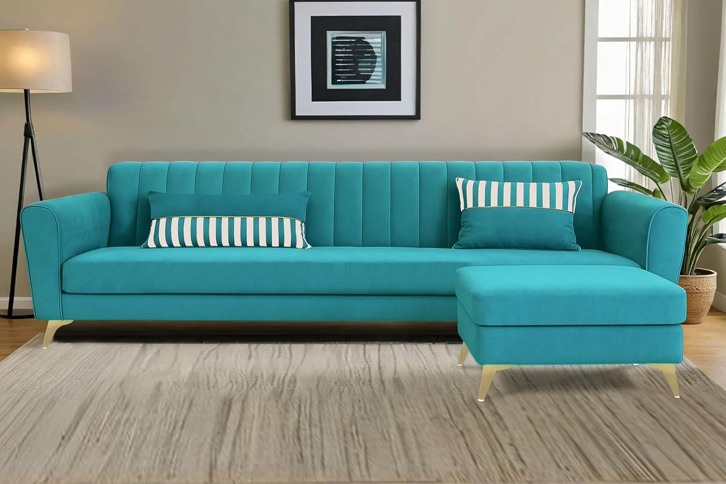 Adorn India Premium Luster 4 Seater L Shape Sofa Set | Velvet Suede Fabric | 3-Year Warranty | Color Aqua Blue with Golden Legs & Striped Pattern Cushion