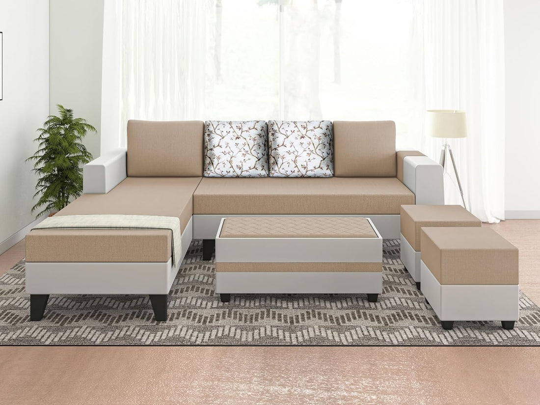 Ashley Digitel Print Leatherette Fabric L Shape 8 Seater Sofa Set with 2 Ottoman Puffy & Center Table LHS (Beige & White)